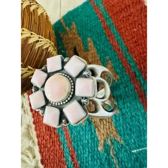 Handcrafted Old Pawn Sterling Silver & Queen Pink Conch Cluster Cuff Bracelet